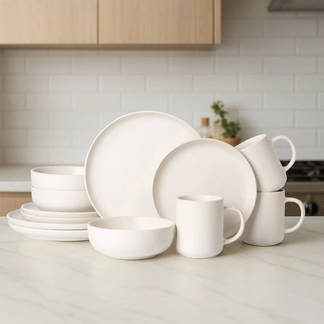 Twelve-Piece Stoneware Dinnerware Set With Mugs For Three