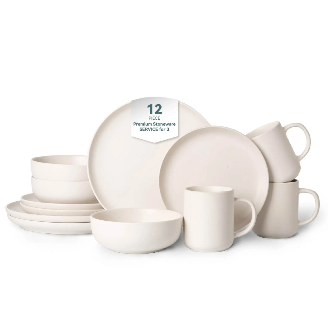 Twelve-Piece Stoneware Dinnerware Set With Mugs For Three