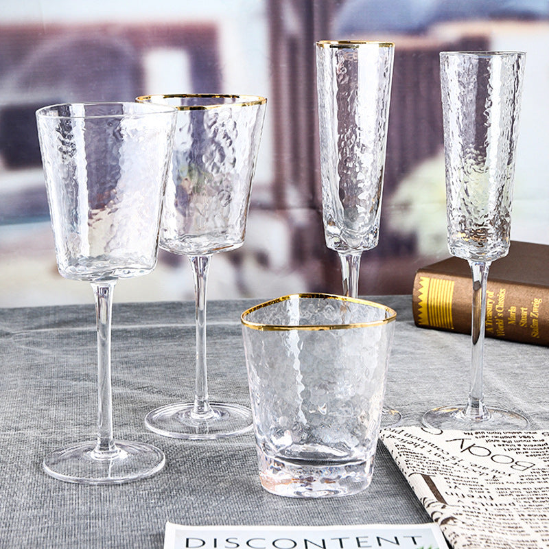 Nordic Luxury Golden Trim Hammered Wine Glass